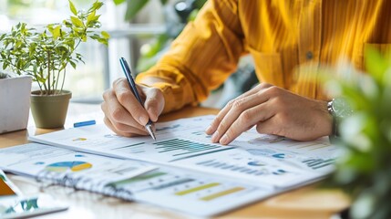 Poster - Person reviewing financial charts and graphs at desk.