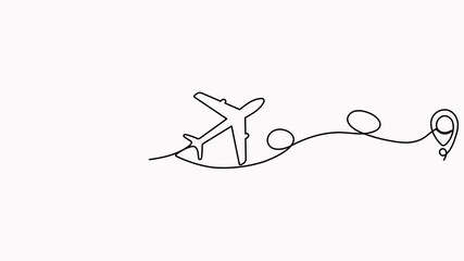 Poster - Airplane continuous line drawing with map pin pointer animation. Airplane flying with start point route video. Animated travel destination symbol.