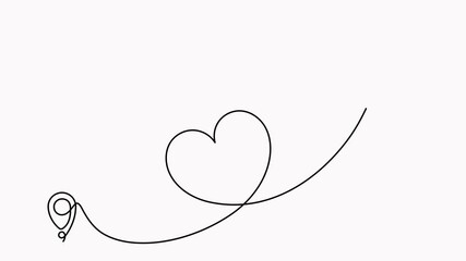 Poster - Airplane with map pin pointer and heart shape continuous line drawing animation. Airplane flying with start point route video. Animated love travel destination symbol.