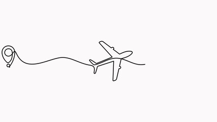 Poster - Airplane continuous line drawing with map pin pointer animation. Airplane flying with start point route video. Animated travel destination symbol.