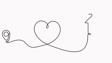 Poster - Location marker path to house continuous line drawing animated video. Home way concept. GPS navigation symbol with heart shape animation.