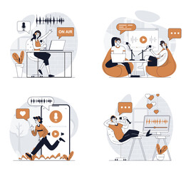 Aufkleber - Podcast streaming concept set in flat design for web. Collection with people in headphones broadcasting and recording talks in studio, creating audio content, followers listen. Vector illustrations.