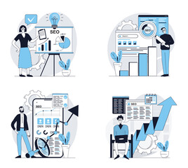 Leinwandbilder - Seo analysis concept set in flat design for web. Collection with people making data site analysis, researching statistic graphs on screen, increasing traffic and raising page up. Vector illustrations.