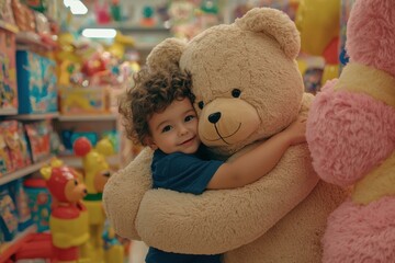 Canvas Print - A child hugs a large toy bear. AI.