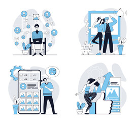 Aufkleber - Social network concept set in flat design for web. Collection with people connecting online with internet friends, taking selfies, posting online, collect likes, developing blog. Vector illustrations.