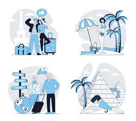 Poster - Travelling concept set in flat design for web. Collection with people go in vacation in France or Egypt, visiting sea beach, hiking and trekking, resting in trip and sightseeing. Vector illustrations.
