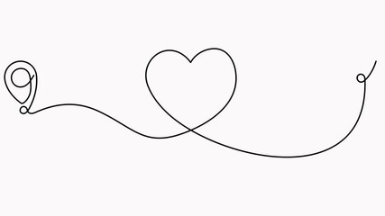 Poster - Location markers path continuous line drawing animation. Travel destination with heart shape concept animated video. GPS navigation symbol.