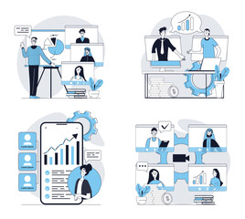 Aufkleber - video business conference concept set in flat design for web. collection with people working remotel