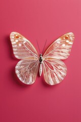 Sticker - Translucent butterfly wings, vibrant crimson backdrop, essence of environmental connection.