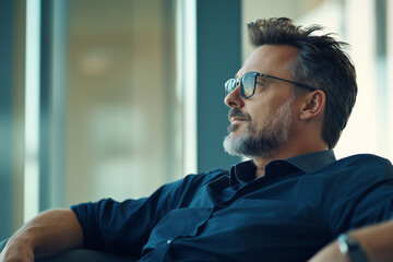 Poster - thoughtful man with glasses sits indoors, gazing out of window, wearing dark shirt, with calm and reflective expression in modern office setting