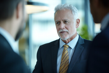 Poster - senior businessman in suit and tie engages in professional discussion with colleagues in modern office setting, with natural light and blurred background