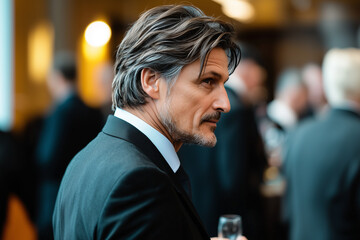 Poster - side profile of businessman in formal suit at elegant event, holding glass, with blurred background of people and warm lighting, creating sophisticated atmosphere