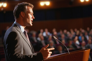 Poster - businessman in suit delivers presentation confidently at podium in conference hall, addressing attentive audience seated in rows under warm lighting