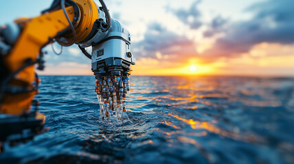 Poster - robotic arm on futuristic watercraft collects samples from ocean at sunset, showcasing advanced technology and environmental research in serene marine setting