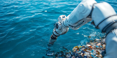 Aufkleber - white robotic arm on high tech watercraft is cleaning up ocean pollution, collecting plastic waste and debris from water surface, showcasing innovative environmental technology