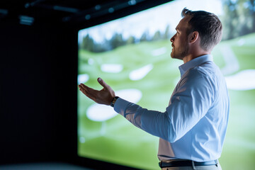 Aufkleber - businessman presenting ideas in front of large screen displaying golf course, in modern, dimly lit setting
