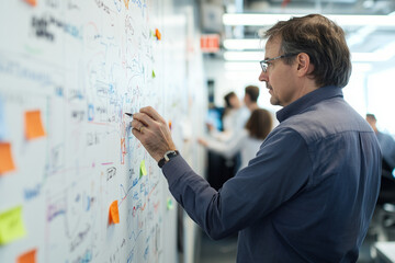Aufkleber - businessman brainstorming on whiteboard filled with diagrams, notes, and colorful sticky notes in modern office environment, showcasing collaboration and creativity