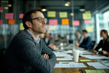 Aufkleber - thoughtful businessman in brainstorming session, surrounded by notes and documents, sits in modern office with glass wall, focusing on ideas and collaboration