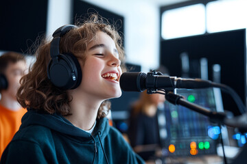 Aufkleber - young woman joyfully recording vocals in professional music studio, wearing headphones and singing into microphone, surrounded by modern audio equipment