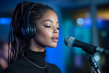Poster - woman wearing headphones sings into microphone in soundproof booth, illuminated by soft blue lighting, creating serene and focused atmosphere