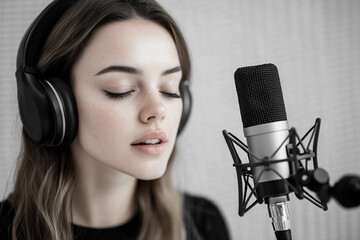 Aufkleber - woman recording vocals in soundproof booth, wearing headphones and singing into professional microphone, expressing emotion and focus