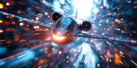 Fototapete - futuristic airplane gliding through neon lit sky, surrounded by vibrant light trails, creating sense of speed and innovation