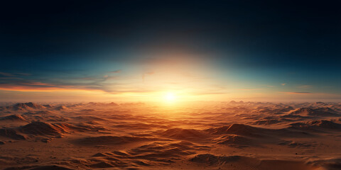 Poster - breathtaking desert landscape illuminated by golden sunrise, with rolling sand dunes stretching into horizon under vibrant, colorful sky