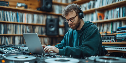 Poster - music producer wearing headphones works on laptop in recording studio surrounded by vinyl records, audio equipment, and creative atmosphere