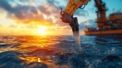 Aufkleber - robotic arm on futuristic cleanup ship removes waste from ocean at sunset, symbolizing innovation and environmental care