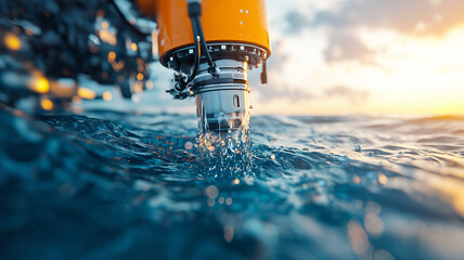 Poster - robotic arm on high tech drone collects water samples from ocean surface during vibrant sunset, showcasing advanced technology for environmental research