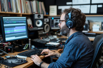 Poster - sound engineer working in recording studio, wearing headphones and using audio editing software on computer, surrounded by professional equipment and shelves of records