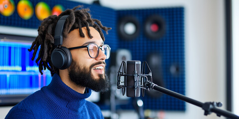 Poster - vocalist wearing headphones sings passionately into professional microphone in modern recording studio, surrounded by acoustic panels and audio equipment