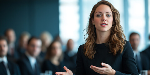 Aufkleber - confident businesswoman delivers presentation in modern conference room, engaging attentive audience with her professional demeanor and clear communication