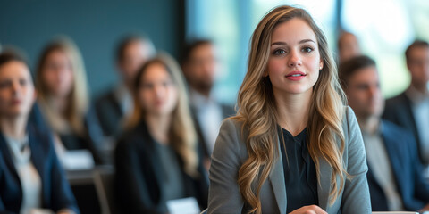 Poster - confident businesswoman attentively listens during professional conference in modern meeting room, surrounded by colleagues in formal attire