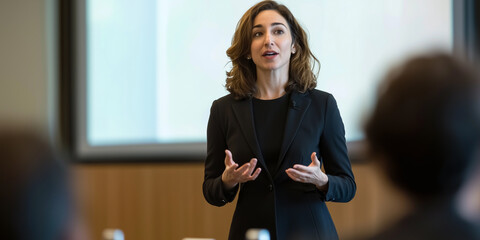 Poster - confident businesswoman delivers presentation in modern conference room, engaging her audience with expressive gestures and professional attire