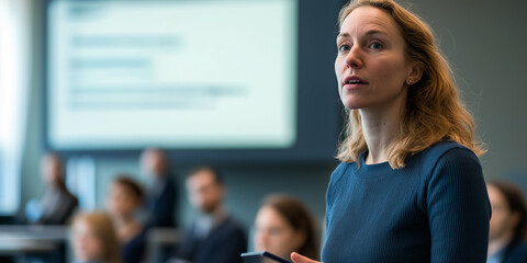 Poster - professional woman speaks confidently in conference room, engaging with audience during business presentation. setting is modern and collaborative