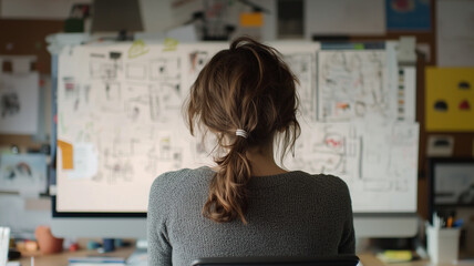 Poster - woman with casual hairstyle sits in creative studio, focusing on large whiteboard filled with sketches and notes, surrounded by vibrant and inspiring workspace