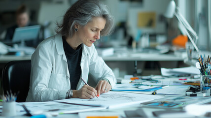 Poster - focused woman working on creative designs in bright studio, surrounded by art supplies and sketches, showcasing professional and artistic atmosphere
