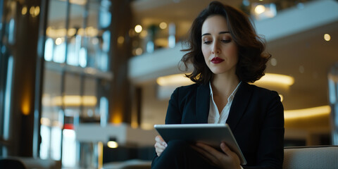 Poster - confident businesswoman in modern hotel lobby, sitting and focused on tablet, surrounded by elegant interior design and warm lighting