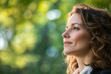 Poster - confident businesswoman with curly hair gazes thoughtfully in serene park, surrounded by lush greenery and soft sunlight, evoking sense of calm and inspiration