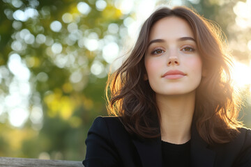 Poster - confident woman with serene expression sits outdoors in park, surrounded by soft sunlight and blurred greenery, creating peaceful and natural atmosphere