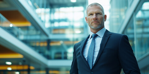 Poster - confident businessman in suit stands in modern corporate office building, exuding professionalism and leadership. bright, open space features glass walls and contemporary architecture