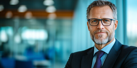 Poster - confident businessman with glasses and beard stands in modern corporate office, exuding professionalism and leadership. blurred background highlights office environment