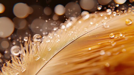 Poster - a close-up of a feather with water droplets; feathers are yellow, brown & white