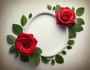 Wall Mural - A white circular frame is decorated with two vibrant red roses and green leaves against a soft green gradient background.