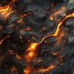 Canvas Print - Molten lava flows, fiery orange in black.