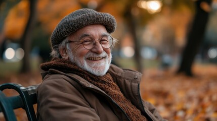 Wall Mural - Elderly man laughing while sitting on a park bench autumn leaves scattered around natural light peaceful and joyful mood