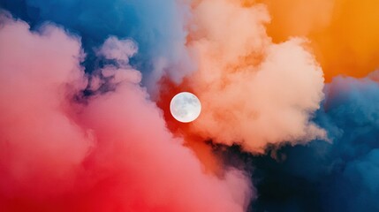 Leinwandbilder -   A stunning photograph captures the full moon amidst a vibrant sky of reds, oranges, and blues