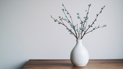 Poster - Elegant white vase with delicate branches and blossoms on a wooden table in a minimalist setting