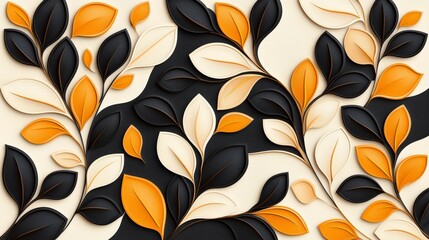 Poster - A vibrant design featuring layered leaves in black, orange, and cream, creating an artistic and elegant pattern.